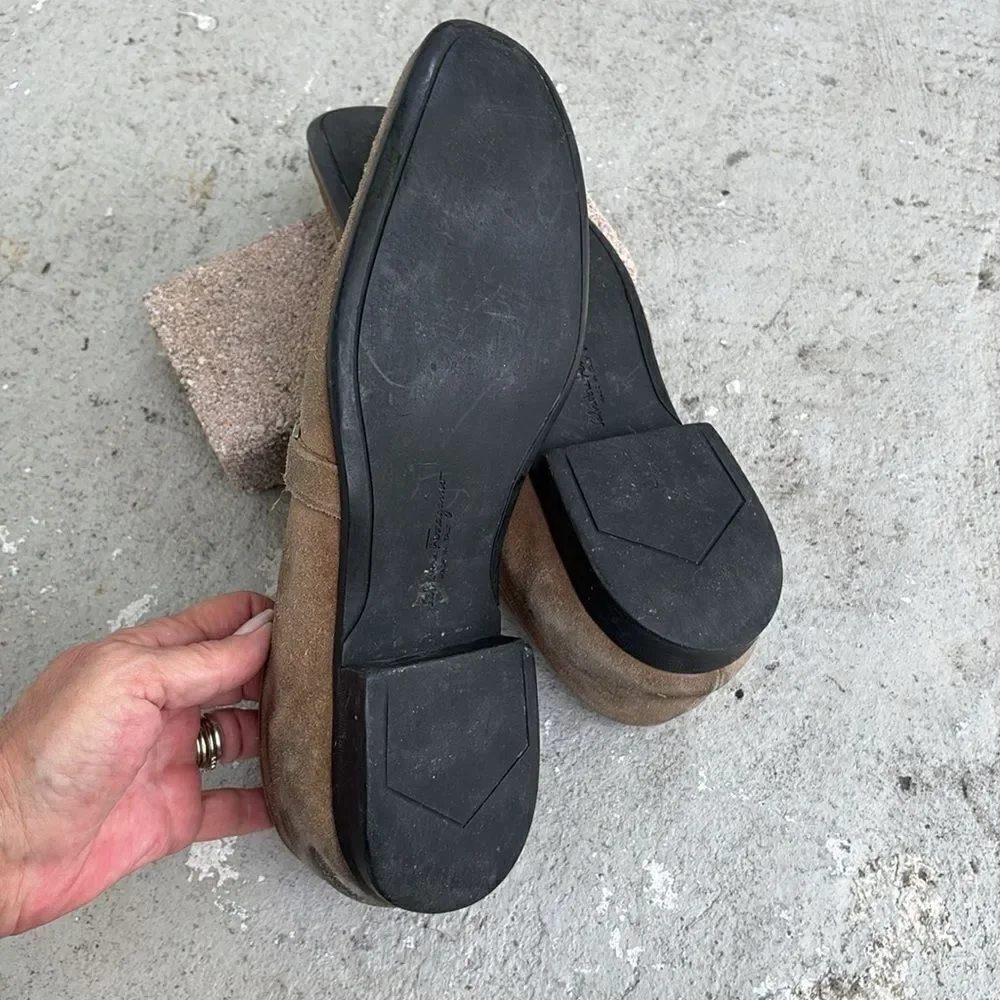 Ferragamo khaki tan suede loafers